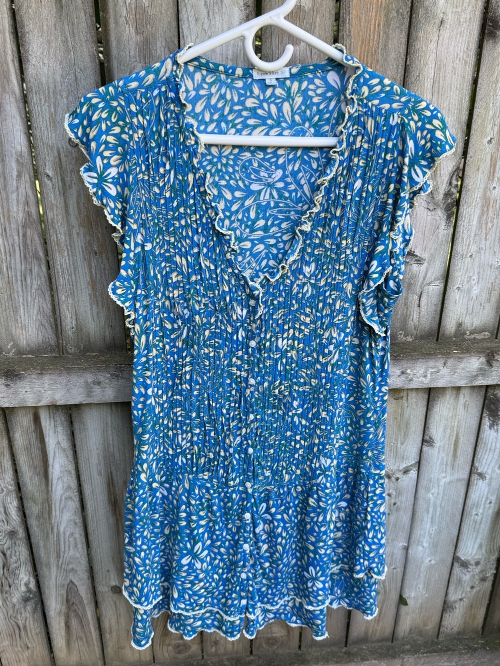 Poupette St. Barth Floral Ruffle Mini Dress cap sleeves buttons scallop V-neck S